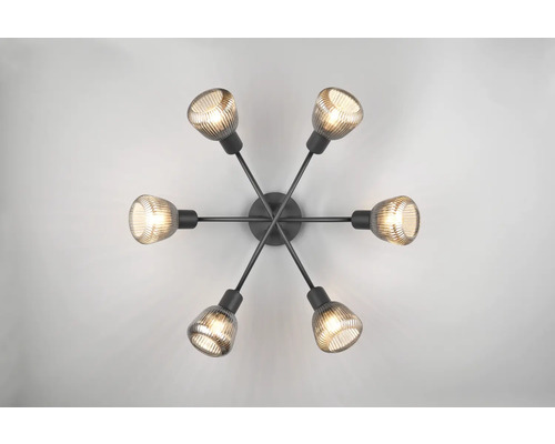 Lumină de tavan cu șase brațe luminoase și abajururi din sticlă canelată