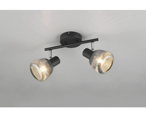 Șină spoturi Tarifa E14 max. 2x10W, sticlă cromată Lumină de tavan neagră cu două lămpi și abajururi din sticlă canelată