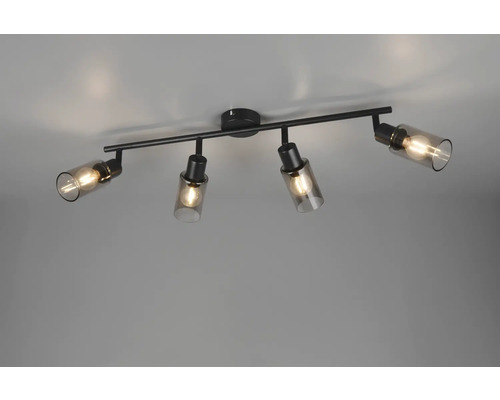 Lumină de tavan neagră cu patru spoturi și sticlă fumurie