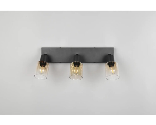 Lumină de plafon cu trei lămpi și abajururi din sticlă transparentă