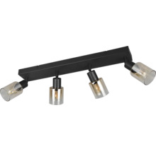 Lumină de tavan neagră cu patru spoturi și abajururi de culoarea chihlimbarului