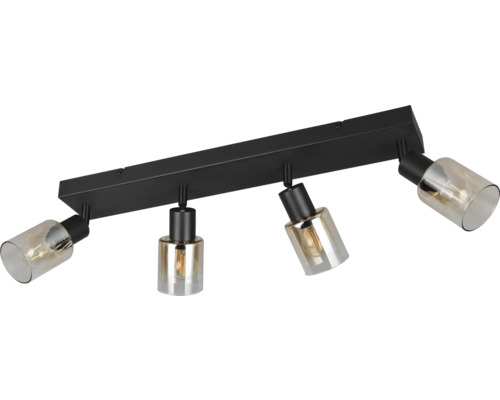 Lumină de tavan neagră cu patru spoturi și abajururi de culoarea chihlimbarului