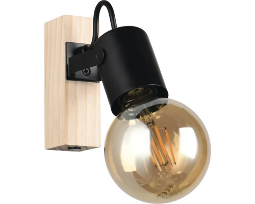 Lampa de perete cu element din lemn și abajur negru