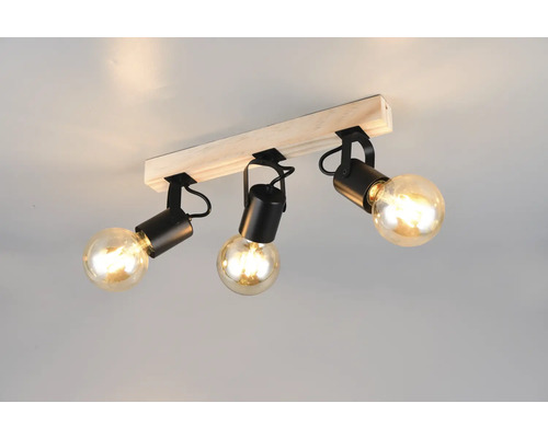 Lumină de plafon cu trei spoturi și placă de lemn