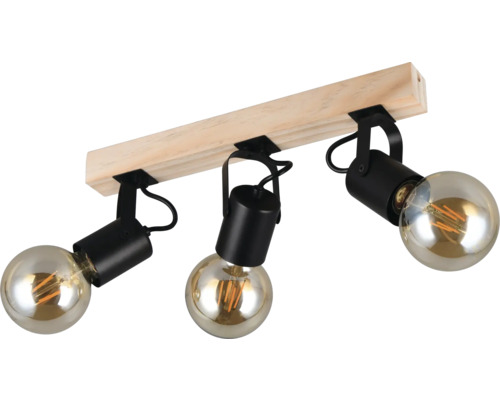 Lumină de tavan cu trei becuri pe bară de lemn