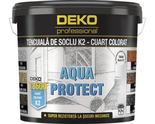 Tencuială de soclu DEKO professional AQUA PROTECT T8600 K2, cuarț colorat, găleată 6,2 kilograme.