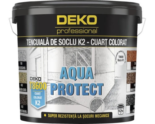 Tencuială de soclu DEKO professional Aqua Protect T8600, cuarț colorat K2, găleată de circa 6,2 kilograme.