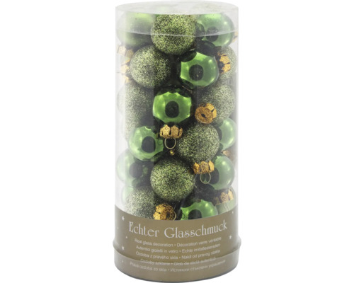 Set globuri Crăciun din sticlă Ø 2,5 cm verde 35 buc. Decorațiuni autentice din sticlă în nuanțe de verde într-un ambalaj transparent.