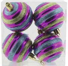 Patru globuri de Crăciun cu model în dungi într-un recipient transparent