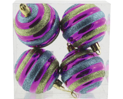 Patru globuri de Crăciun cu model în dungi într-un recipient transparent