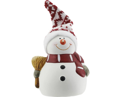 Decorațiune Lafiora Om de Zăpadă din ceramică H 11 cm alb/roșu Figurină om de zăpadă cu căciulă și mătură ca decorație