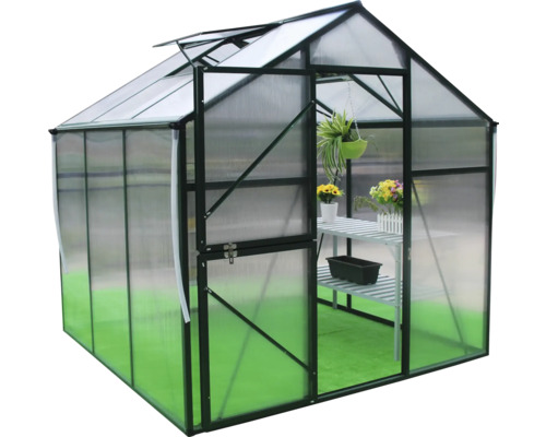 Seră cu ușă deschisă și raft pentru plante în interior