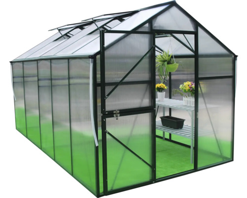 Seră cu rafturi și plante