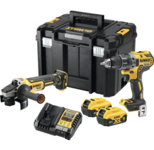 Set de scule DeWalt cu mașină de găurit, polizor unghiular, cutie de scule, încărcător și doi acumulatori
