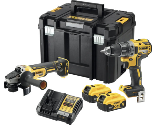 Set de scule DeWalt cu mașină de găurit, polizor unghiular, cutie de scule, încărcător și doi acumulatori