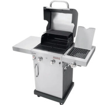 Grătar pe gaz cu grătar, rafturi laterale și capac deschis