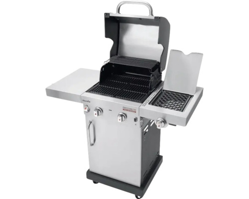 Grătar pe gaz cu grătar, rafturi laterale și capac deschis