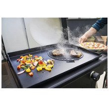 Grătar cu legume, fripturi și pizza pe o terasă.