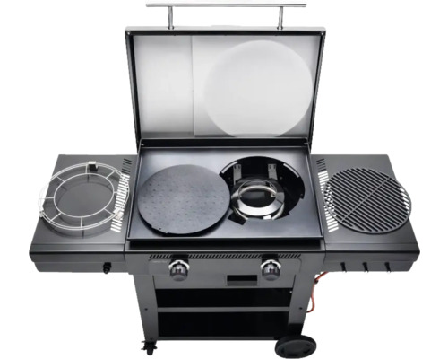 Grătar pe gaz cu capac deschis și plăci de grătar