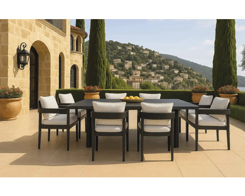 Set de mobilier de grădină cu masă și scaune pe o terasă cu vedere la un peisaj deluros