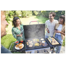 Oameni care fac grătar hamburgeri și legume pe o plită în grădină.