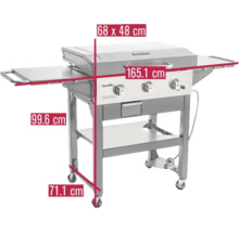 Cărucior grătar cu dimensiunile: suprafață grătar 68 x 48 centimetri, lățime 165,1 centimetri, înălțime 99,6 centimetri și adâncime 71,1 centimetri.