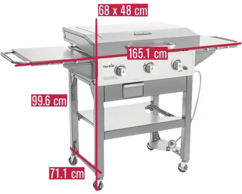 Cărucior grătar cu dimensiunile: suprafață grătar 68 x 48 centimetri, lățime 165,1 centimetri, înălțime 99,6 centimetri și adâncime 71,1 centimetri.