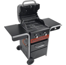 Grătar pe gaz și cărbune cu capac deschis și două rafturi laterale