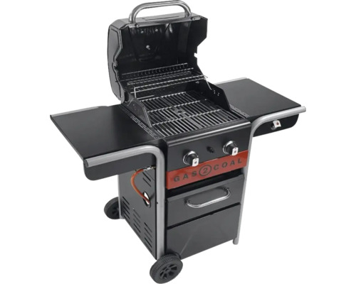 Grătar pe gaz și cărbune cu capac deschis și două rafturi laterale