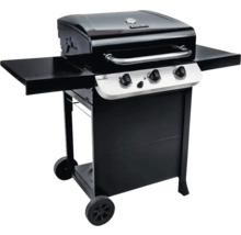 Grătar negru pe gaz cu trei arzătoare și rafturi laterale