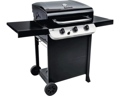 Grătar negru pe gaz cu trei arzătoare și rafturi laterale