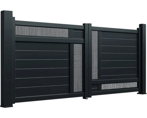 Poartă glisantă cu lamele orizontale și inserții de grilaj