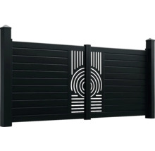 Poartă de grădină neagră din aluminiu cu lamele orizontale și decupaje decorative