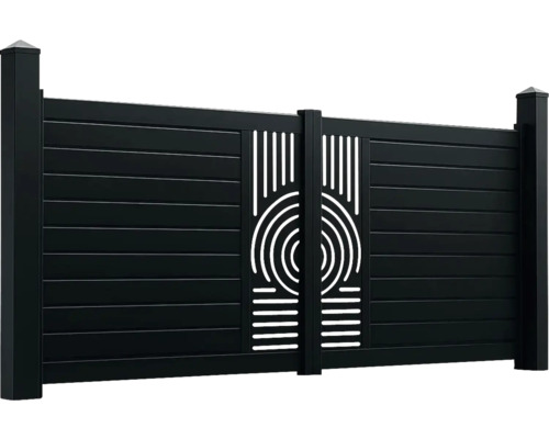 Poartă de grădină neagră din aluminiu cu lamele orizontale și decupaje decorative