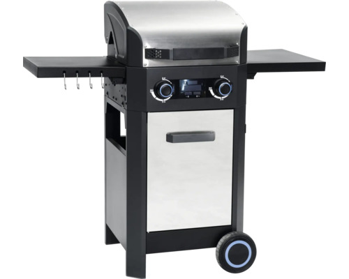 Grătar pe gaz cu capac din inox, butoane rotative și mese laterale