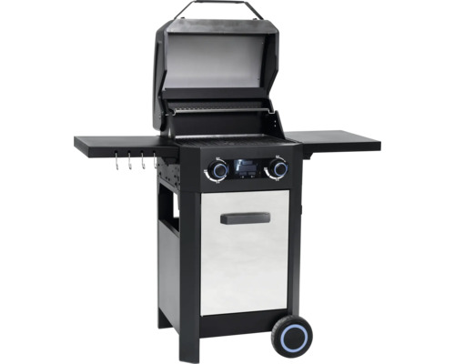 Grătar pe gaz cu capac deschis, rafturi laterale și dulap inferior