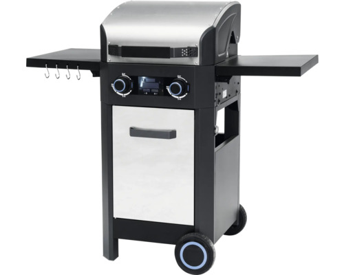 Grătar pe gaz cu rafturi laterale și dulap inferior pe roți