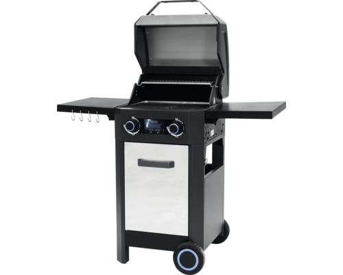 Grătar pe gaz cu capac deschis, mese laterale și dulap inferior