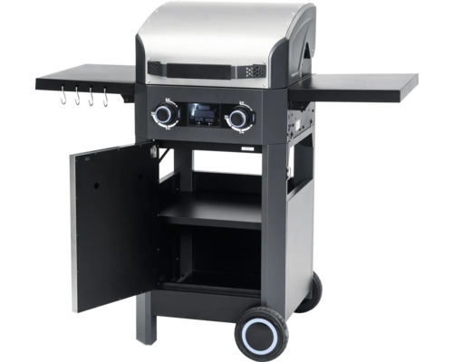 Grătar pe gaz cu suprafețe de depozitare, dulap și roți