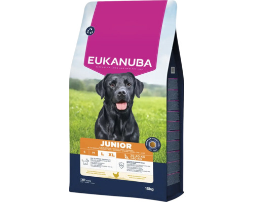 Hrană uscată pentru câini juniori Eukanuba pentru rase mari de la 25 la peste 40 de kilograme în ambalaj de 15 kilograme