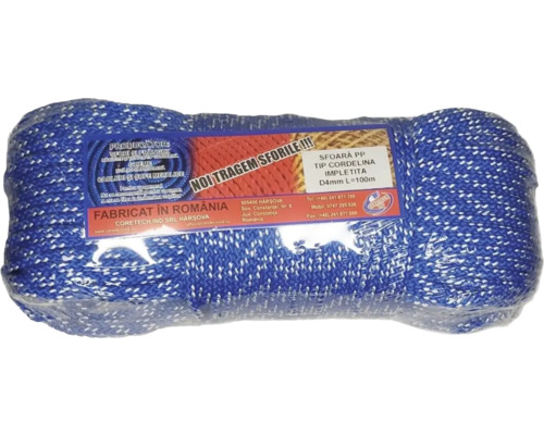 Frânghie albastră din polipropilenă cu diametrul de 4 milimetri și lungimea de 100 de metri, ambalată