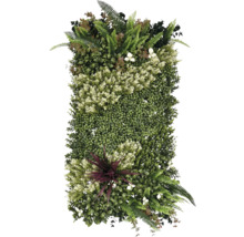 Panou decorativ cu plante, cu diverse frunze verzi și flori mici albe.
