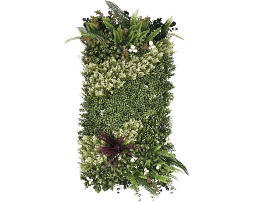 Panou decorativ cu plante, cu diverse frunze verzi și flori mici albe.
