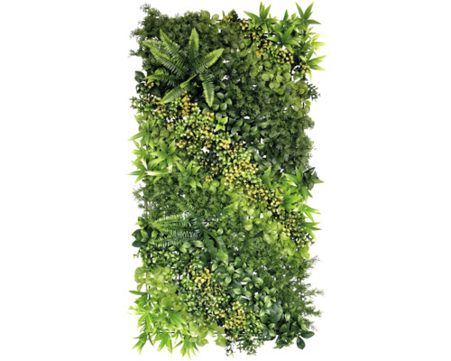 Perete vegetal artificial verde cu diferite texturi și forme de frunze.
