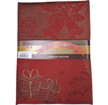 Față de masă roșie ambalată cu motive de Crăciun.