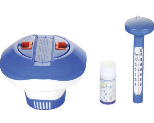 Set de întreținere piscină cu plutitor dozator, benzi de testare și termometru pentru analiza apei