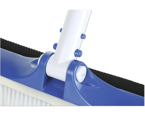 Prim-plan al unei perii de piscină cu carcasă albastră și peri albi