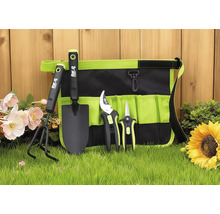 Set de unelte de grădinărit cu geantă, constând dintr-o lopată, un cultivator, o foarfecă de grădinărit și o foarfecă de trandafiri.