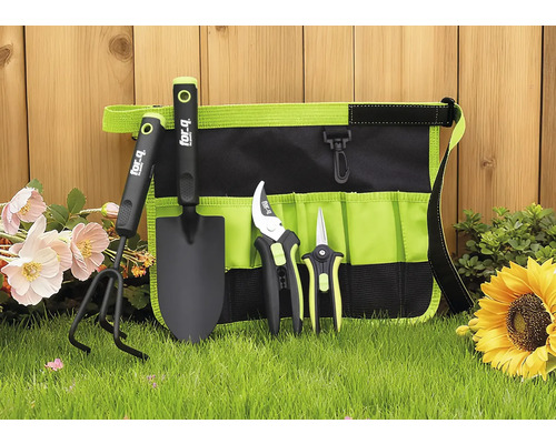 Set de unelte de grădinărit cu geantă, constând dintr-o lopată, un cultivator, o foarfecă de grădinărit și o foarfecă de trandafiri. Set de unelte de grădinărit cu geantă, constând dintr-o lopată, un cultivator, o foarfecă de grădinărit și o foarfecă de trandafiri.