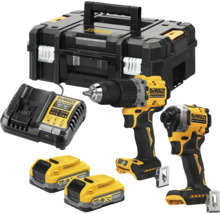 Set de scule fără fir Dewalt cu burghiu, driver de impact, încărcător, două baterii și cutie de scule